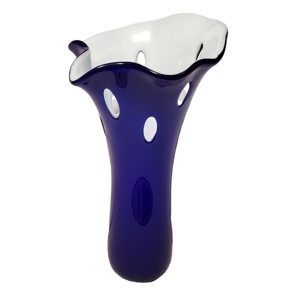 Cobalt Blue Milky White Inside Ruffled Top Cut Outs 12" Tall Vase - Picture 2 of 11